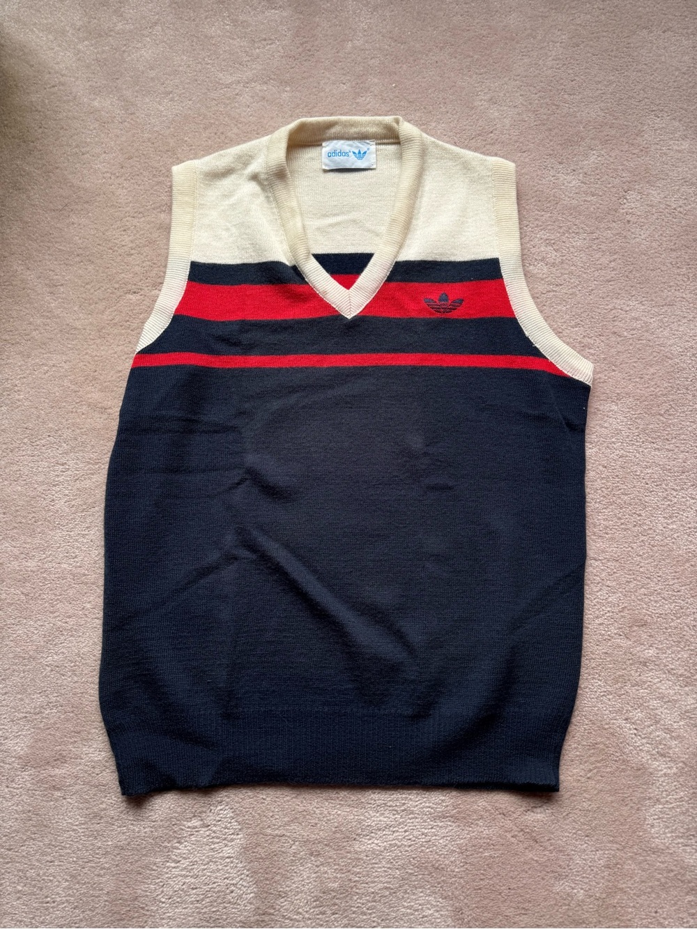 Vintage Adidas Men’s Navy, Red & Cream V-Neck Sweater Vest (M)